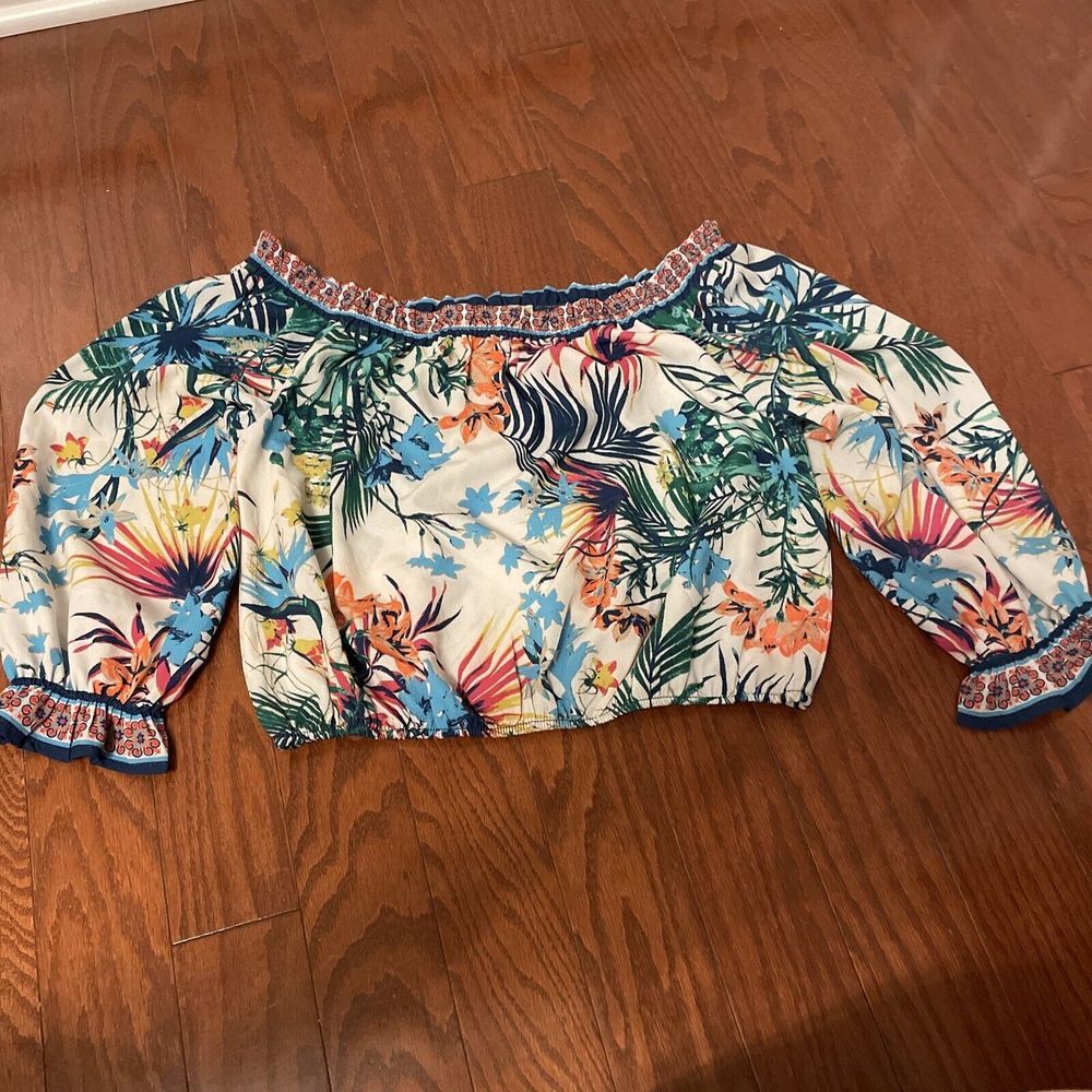 Flying Tomato Floral Ruffled Boat Neck Long Balloon Sleeve Crop Top Womens Sz‎ S